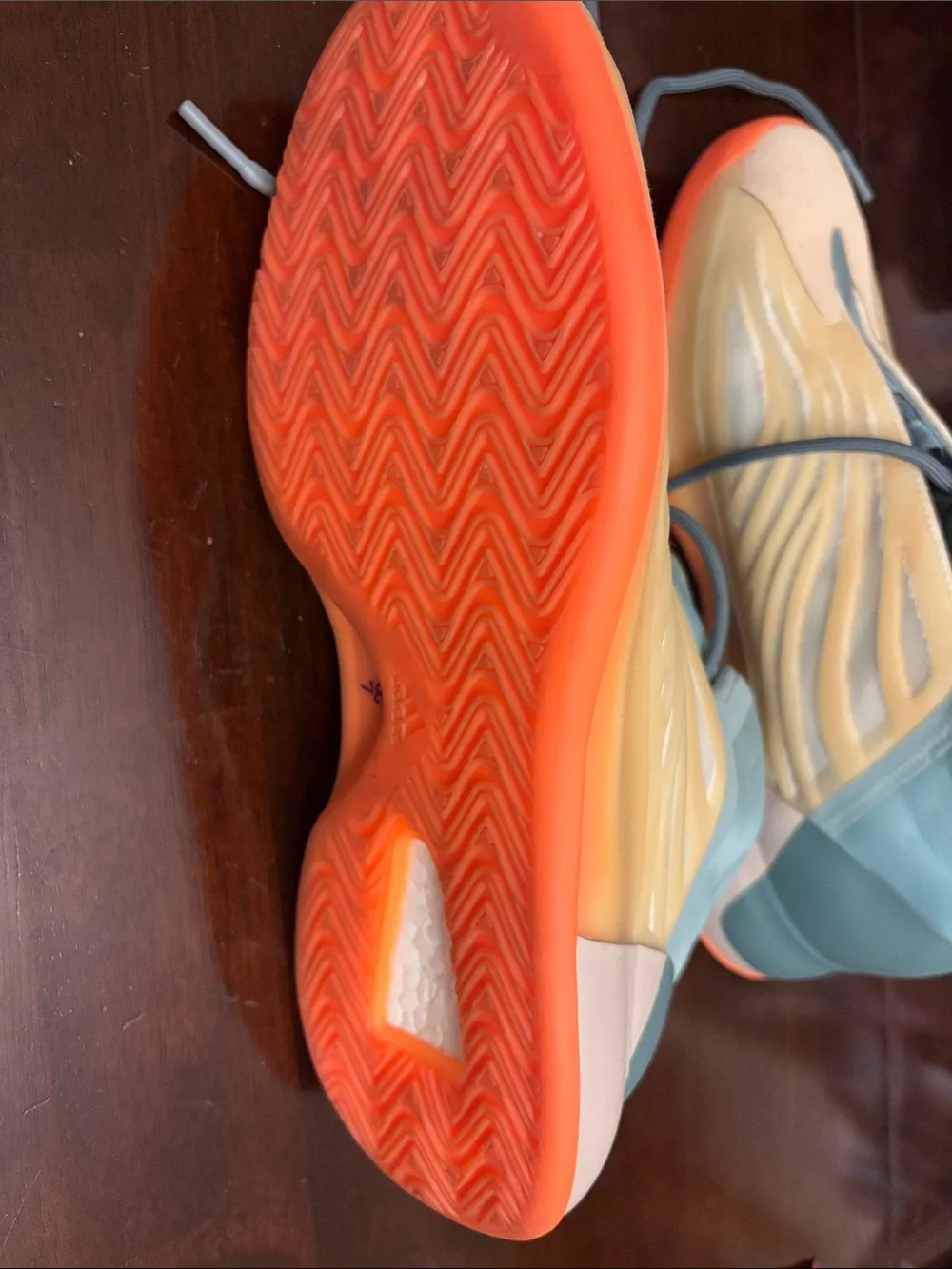 Yeezy  Teal and Beige Athletic Sneakers with Coral Sole